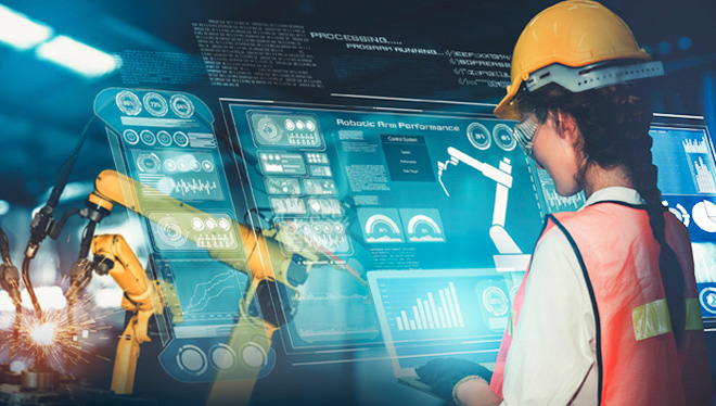 woman in hard hat looking at a holographic diagnostics screen in front of industrial robots
